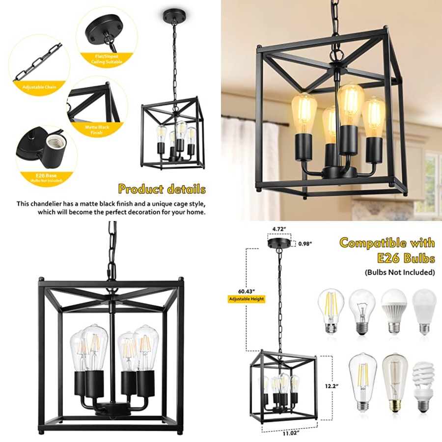 Solar Lantern Hanging - 4-Light Black Farmhouse Chandelier, Iron Lantern